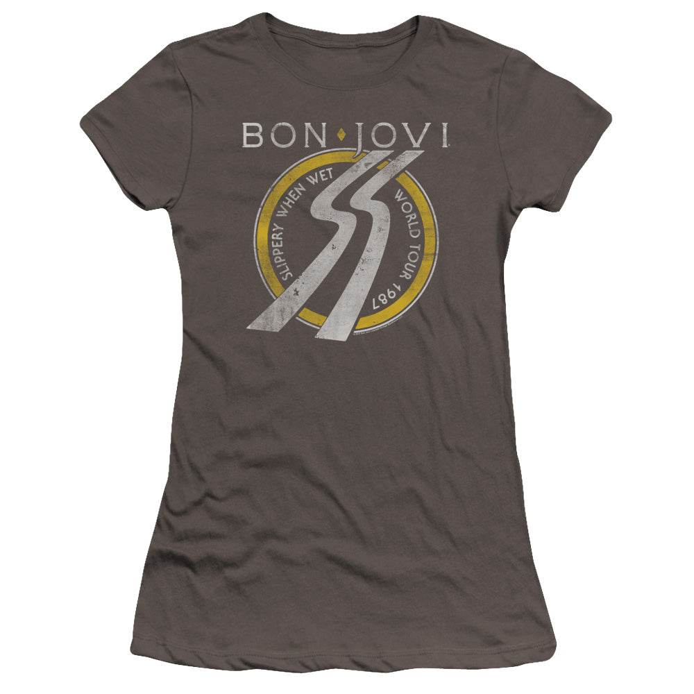 Bon Jovi Slippery When Wet World Tour Junior Sheer Cap Sleeve Premium Bella Canvas Womens T Shirt Charcoal