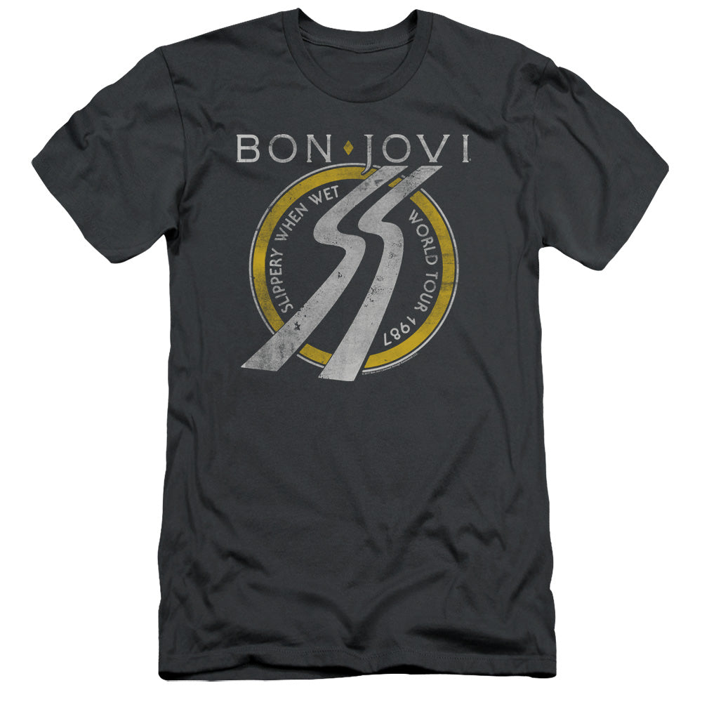 Bon Jovi Slippery When Wet World Tour Slim Fit Mens T Shirt Charcoal