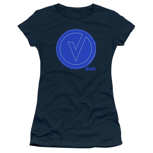 The Vamps Frayed Patch Junior Sheer Cap Sleeve Womens T Shirt Navy Blue