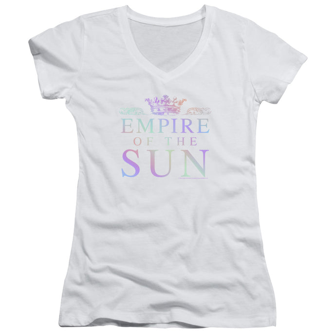 Empire Of The Sun Rainbow Logo Junior Sheer Cap Sleeve V-Neck Womens T Shirt White