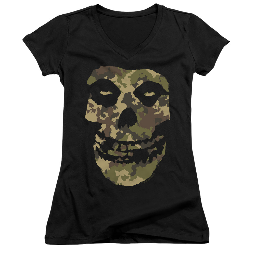 Misfits Camo Skull Junior Sheer Cap Sleeve V-Neck Womens T Shirt Black