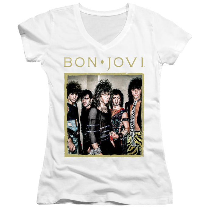 Bon Jovi Framed Junior Sheer Cap Sleeve V-Neck Womens T Shirt White
