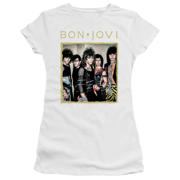 Bon Jovi Framed Junior Sheer Cap Sleeve Premium Bella Canvas Womens T Shirt White