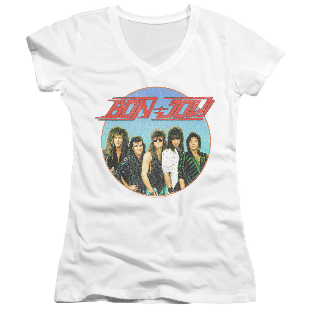 Bon Jovi Bon Sphere Junior Sheer Cap Sleeve V-Neck Womens T Shirt White