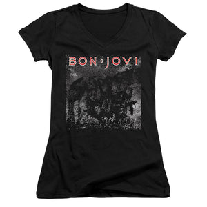 Bon Jovi Slippery Cover Junior Sheer Cap Sleeve V-Neck Womens T Shirt Black