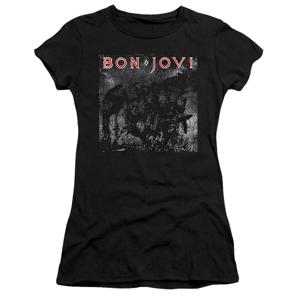 Bon Jovi Slippery Cover Junior Sheer Cap Sleeve Premium Bella Canvas Womens T Shirt Black