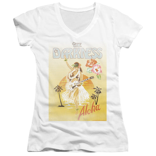 The Darkness Aloha Junior Sheer Cap Sleeve V-Neck Womens T Shirt White