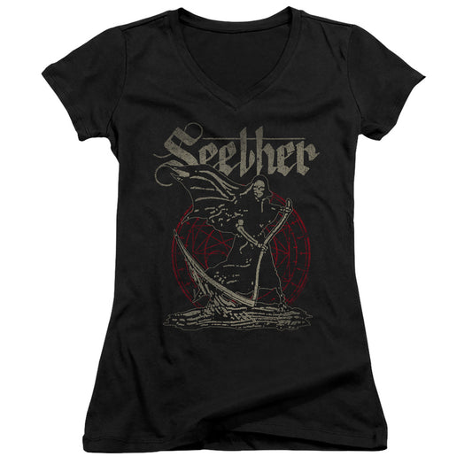 Seether Reaper Junior Sheer Cap Sleeve V-Neck Womens T Shirt Black