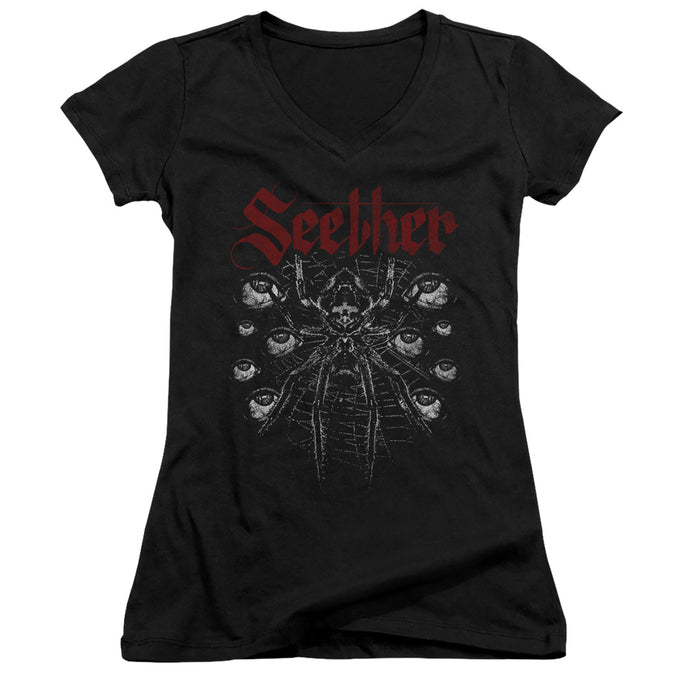 Seether Arachnoid Junior Sheer Cap Sleeve V-Neck Womens T Shirt Black