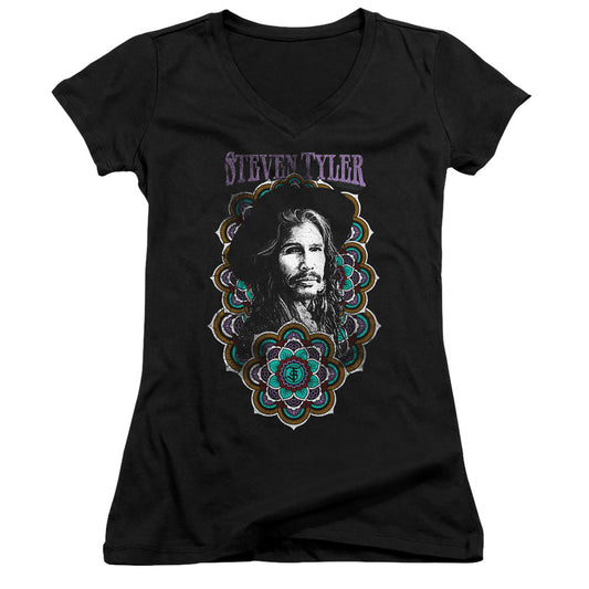 Steven Tyler Mandala Junior Sheer Cap Sleeve V-Neck Womens T Shirt Black