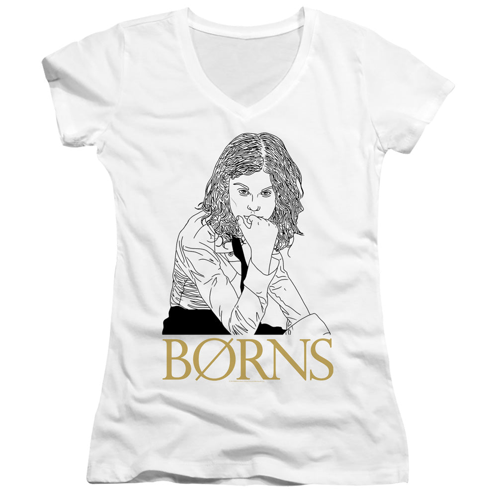 Borns Outline Junior Sheer Cap Sleeve V-Neck Womens T Shirt White