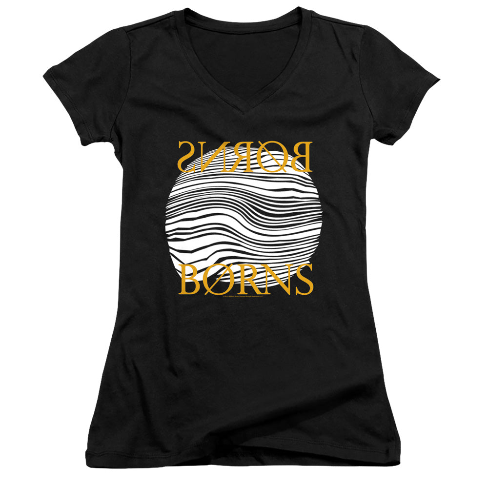 Borns Thumbprint Junior Sheer Cap Sleeve V-Neck Womens T Shirt Black