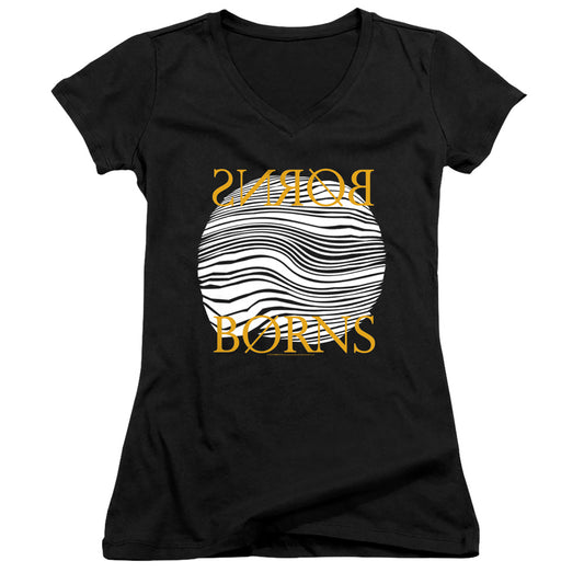 Borns Thumbprint Junior Sheer Cap Sleeve V-Neck Womens T Shirt Black