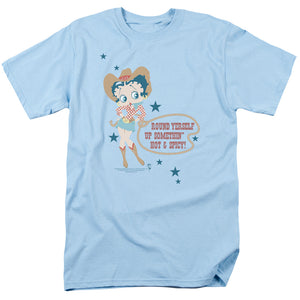Betty Boop Hot And Spicy Cowgirl Mens T Shirt Light Blue