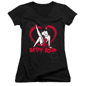 Betty Boop Scrolling Hearts Junior Sheer Cap Sleeve V Neck Womens T Shirt Black