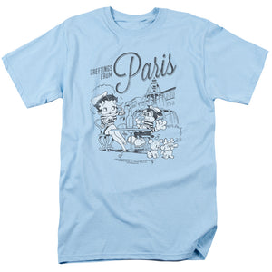 Betty Boop Greetings From Paris Mens T Shirt Light Blue