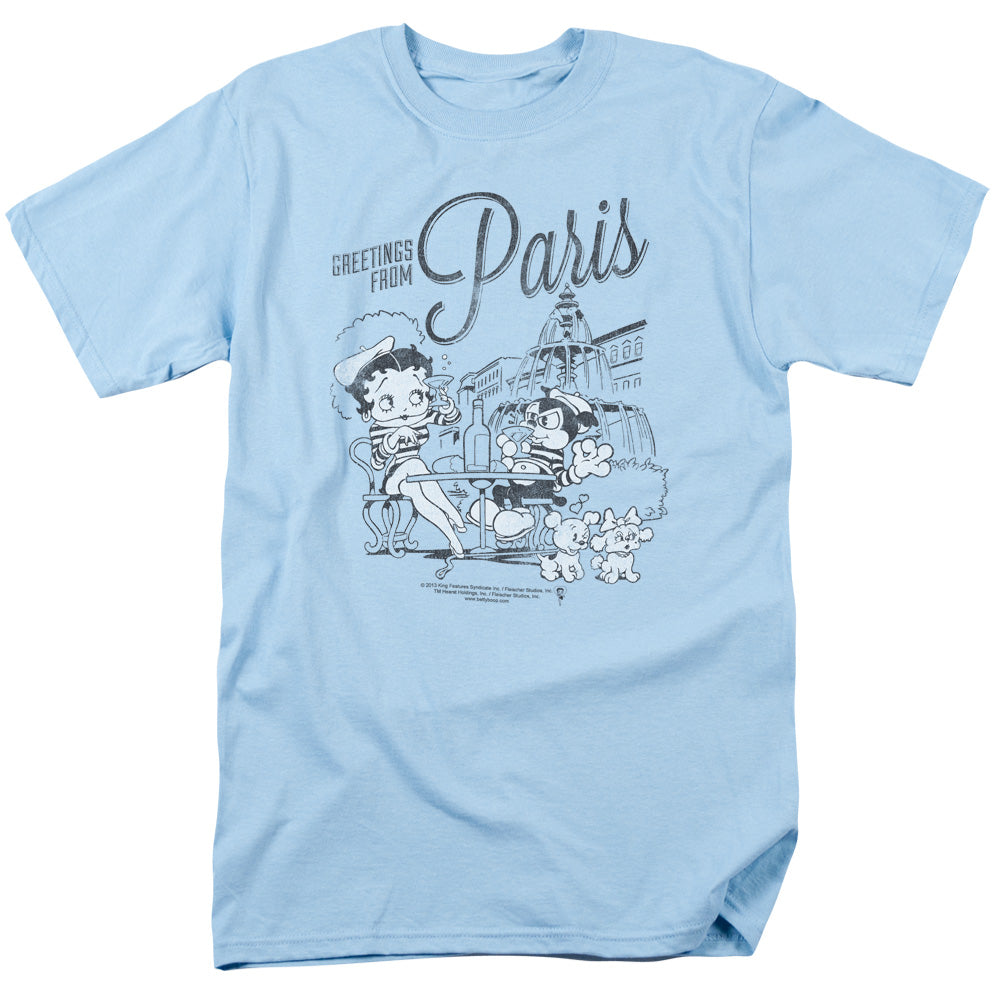 Betty Boop Greetings From Paris Mens T Shirt Light Blue