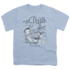 Betty Boop Greetings From Paris Kids Youth T Shirt Light Blue