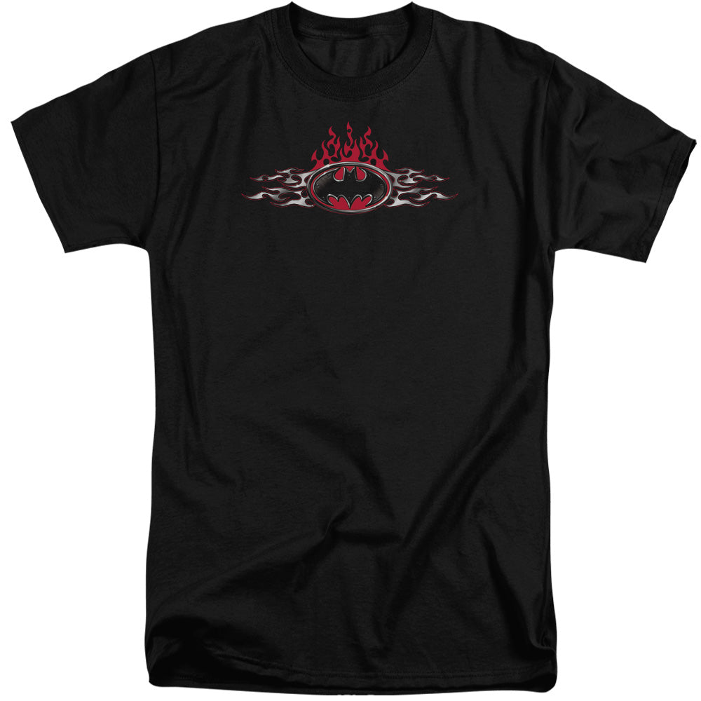 Batman Steel Flames Logo Mens Tall T Shirt Black