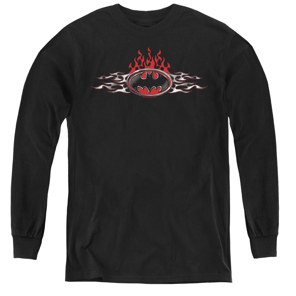 Batman Steel Flames Logo Long Sleeve Kids Youth T Shirt Black