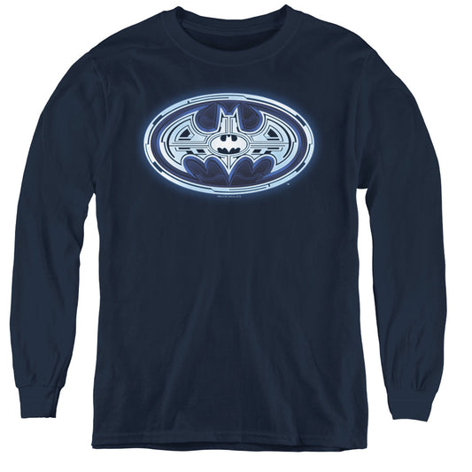 Batman Cyber Bat Shield Long Sleeve Kids Youth T Shirt Navy Blue