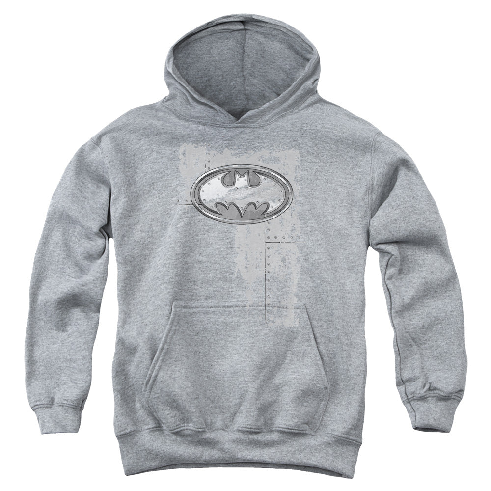 Batman Rivited Metal Logo Kids Youth Hoodie Heather
