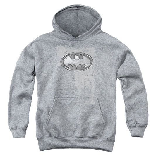 Batman Rivited Metal Logo Kids Youth Hoodie Heather