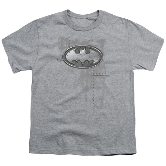 Batman Rivited Metal Logo Kids Youth T Shirt Athletic Heather