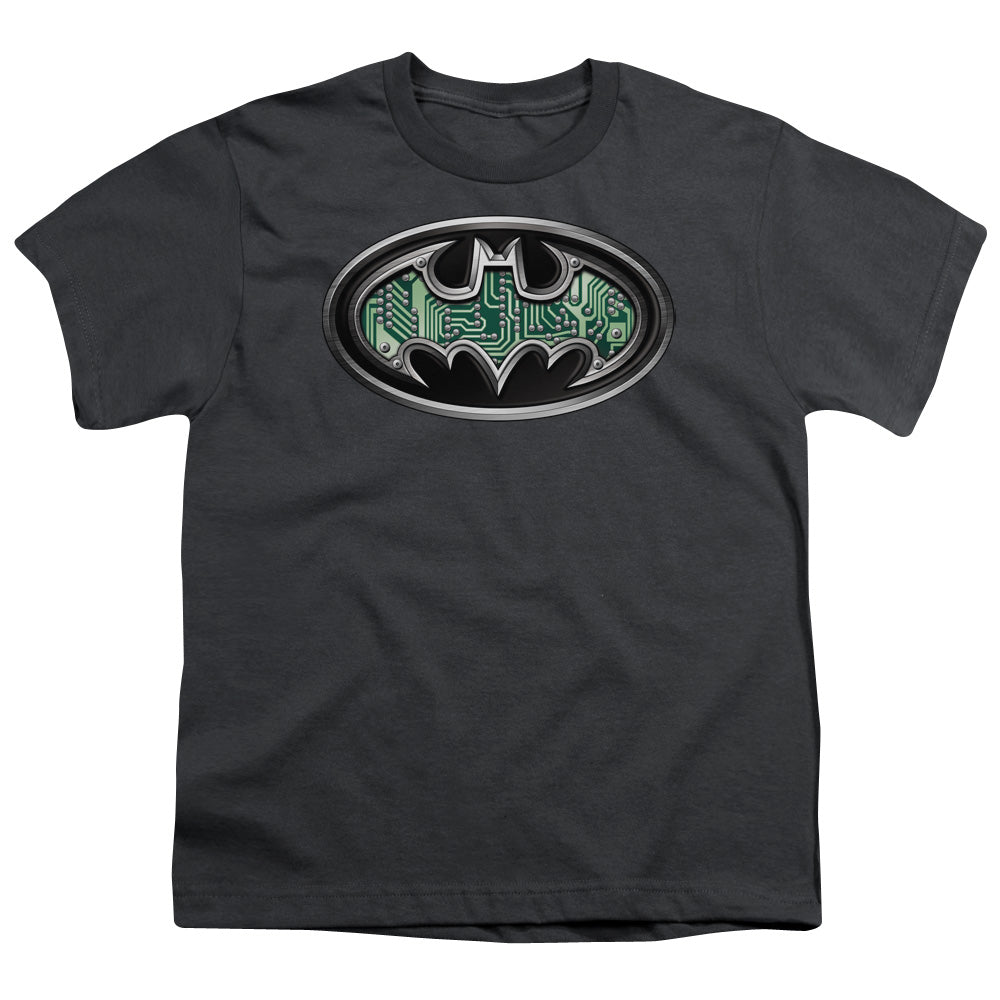 Batman Circuitry Shield Kids Youth T Shirt Charcoal