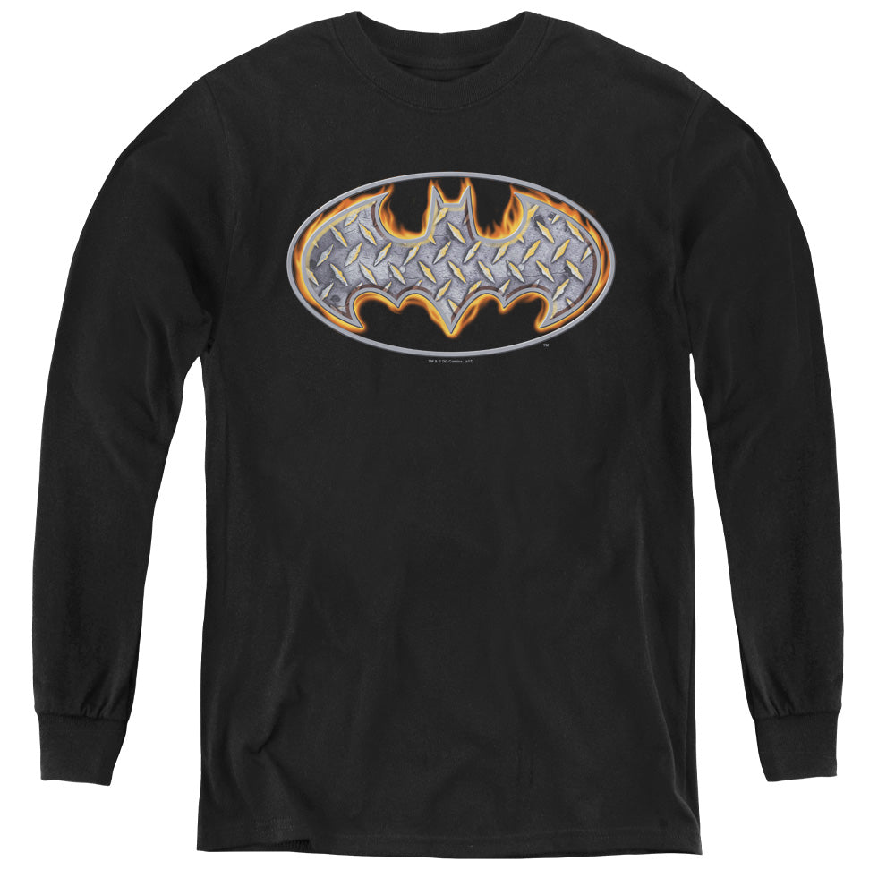 Batman Steel Fire Shield Long Sleeve Kids Youth T Shirt Black