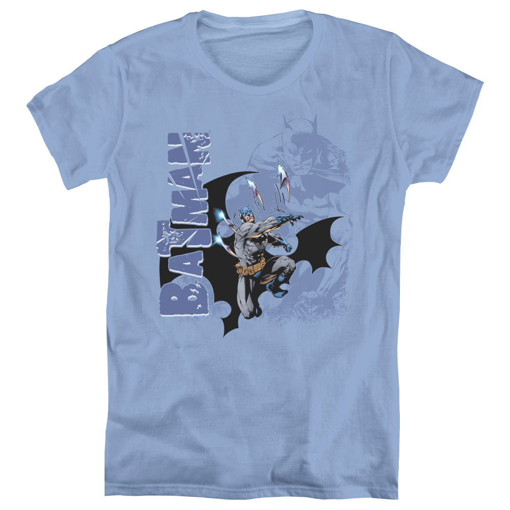 Batman Throwing Blades Womens T Shirt Carolina Blue