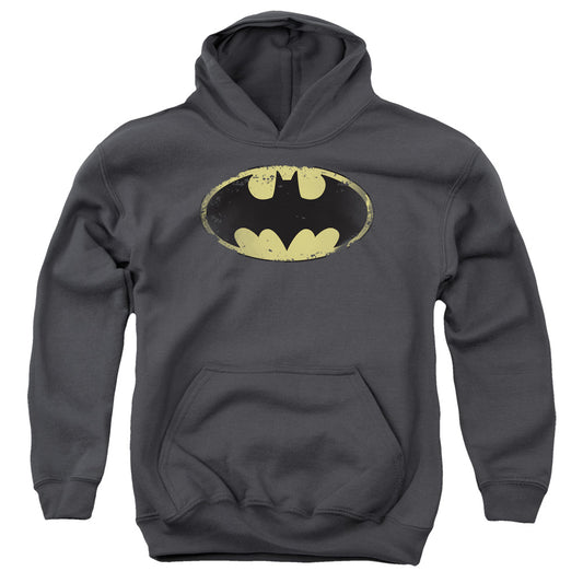 Batman Distressed Shield Kids Youth Hoodie Charcoal