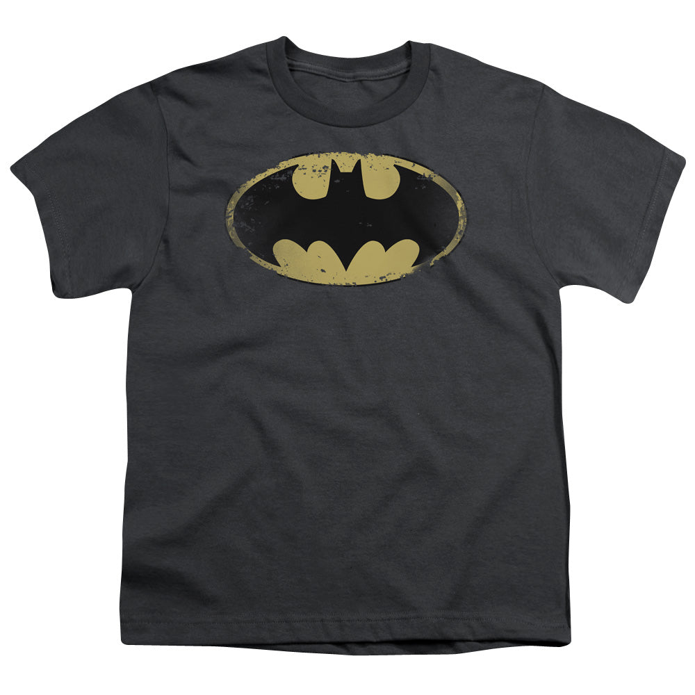 Batman Distressed Shield Kids Youth T Shirt Charcoal