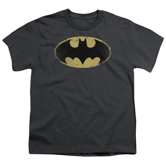 Batman Distressed Shield Kids Youth T Shirt Charcoal