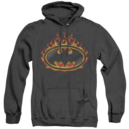 Batman Bat Flames Shield Heather Mens Hoodie Black