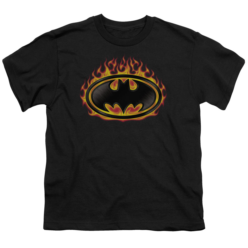 Batman Bat Flames Shield Kids Youth T Shirt Black