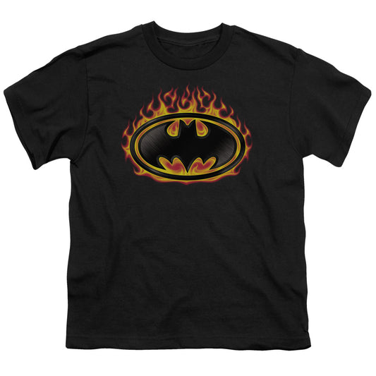 Batman Bat Flames Shield Kids Youth T Shirt Black
