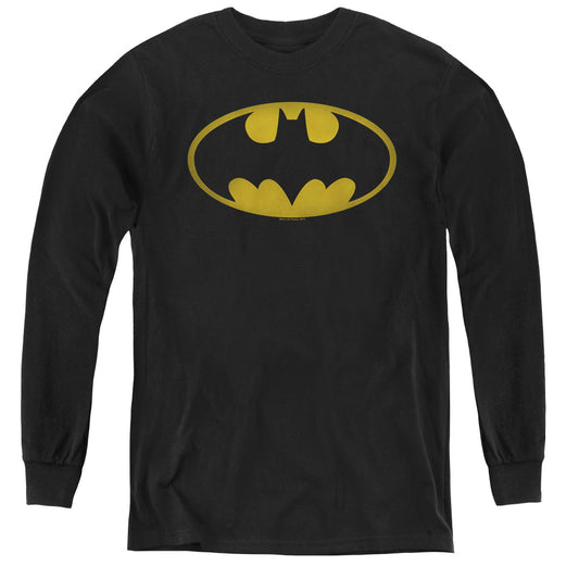 Batman Washed Bat Logo Long Sleeve Kids Youth T Shirt Black