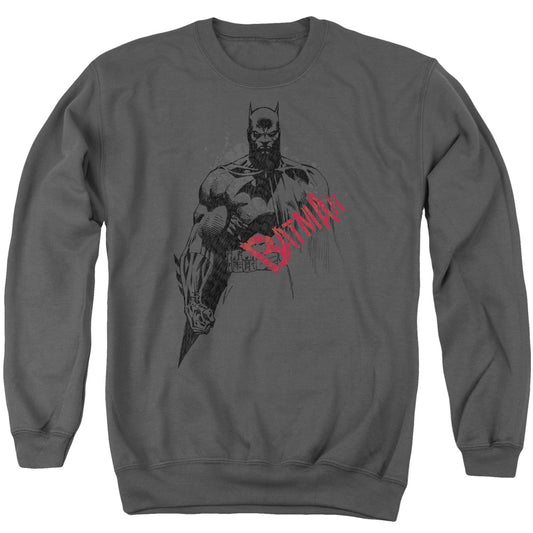 Batman Sketch Bat Red Logo Mens Crewneck Sweatshirt Charcoal
