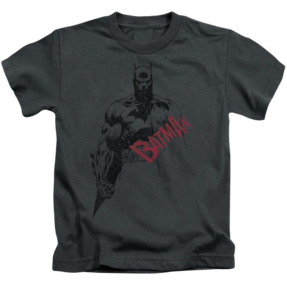 Batman Sketch Bat Red Logo Juvenile Kids Youth T Shirt Charcoal
