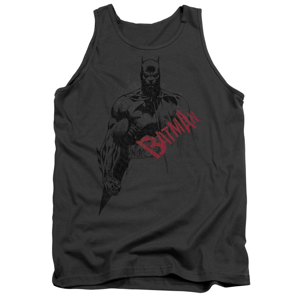 Batman Sketch Bat Red Logo Mens Tank Top Shirt Charcoal