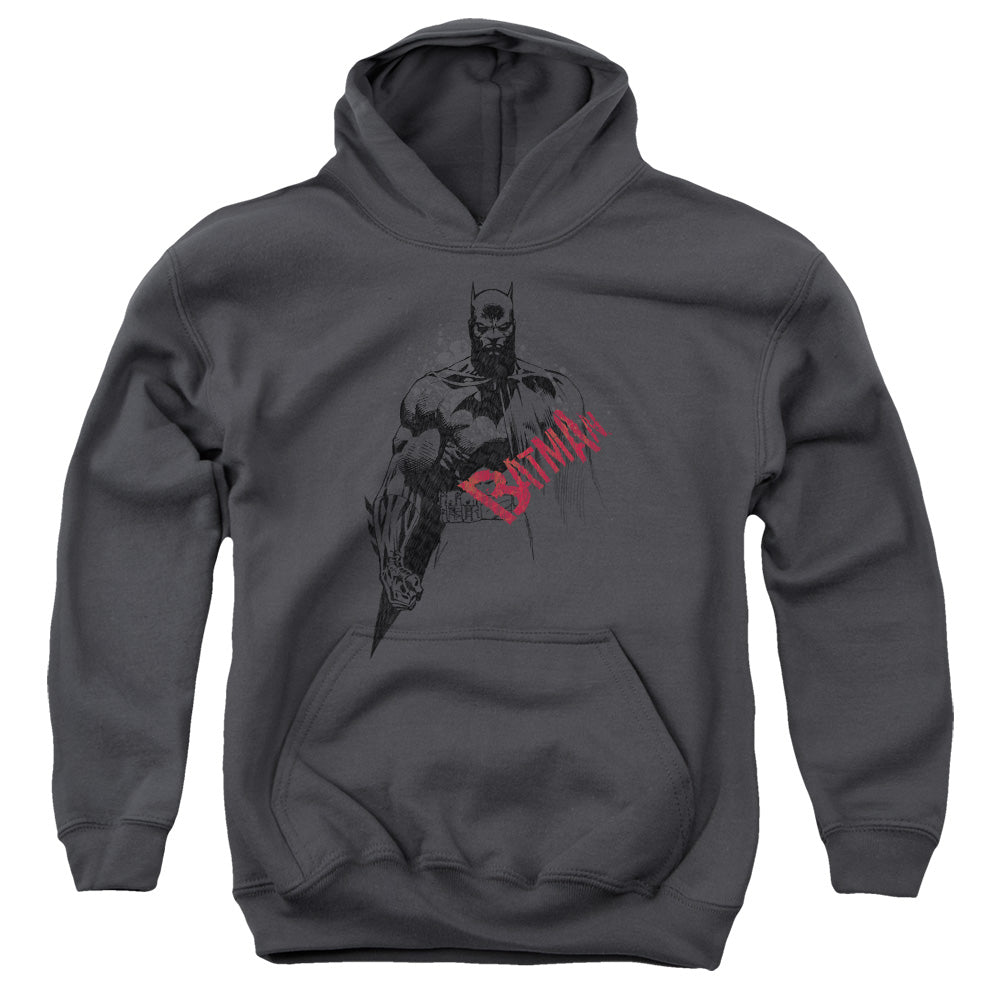 Batman Sketch Bat Red Logo Kids Youth Hoodie Charcoal