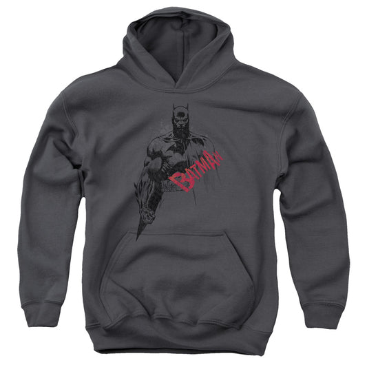 Batman Sketch Bat Red Logo Kids Youth Hoodie Charcoal