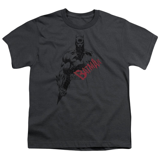 Batman Sketch Bat Red Logo Kids Youth T Shirt Charcoal