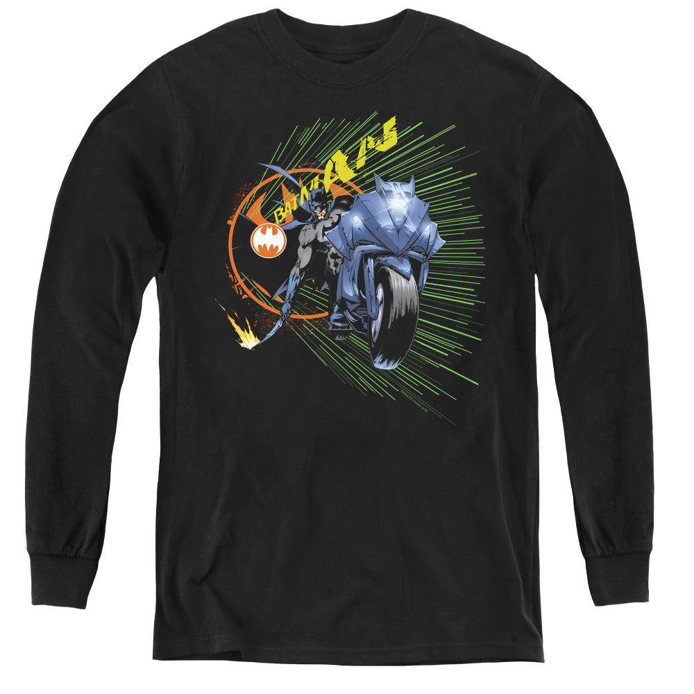 Batman Batcycle Long Sleeve Kids Youth T Shirt Black
