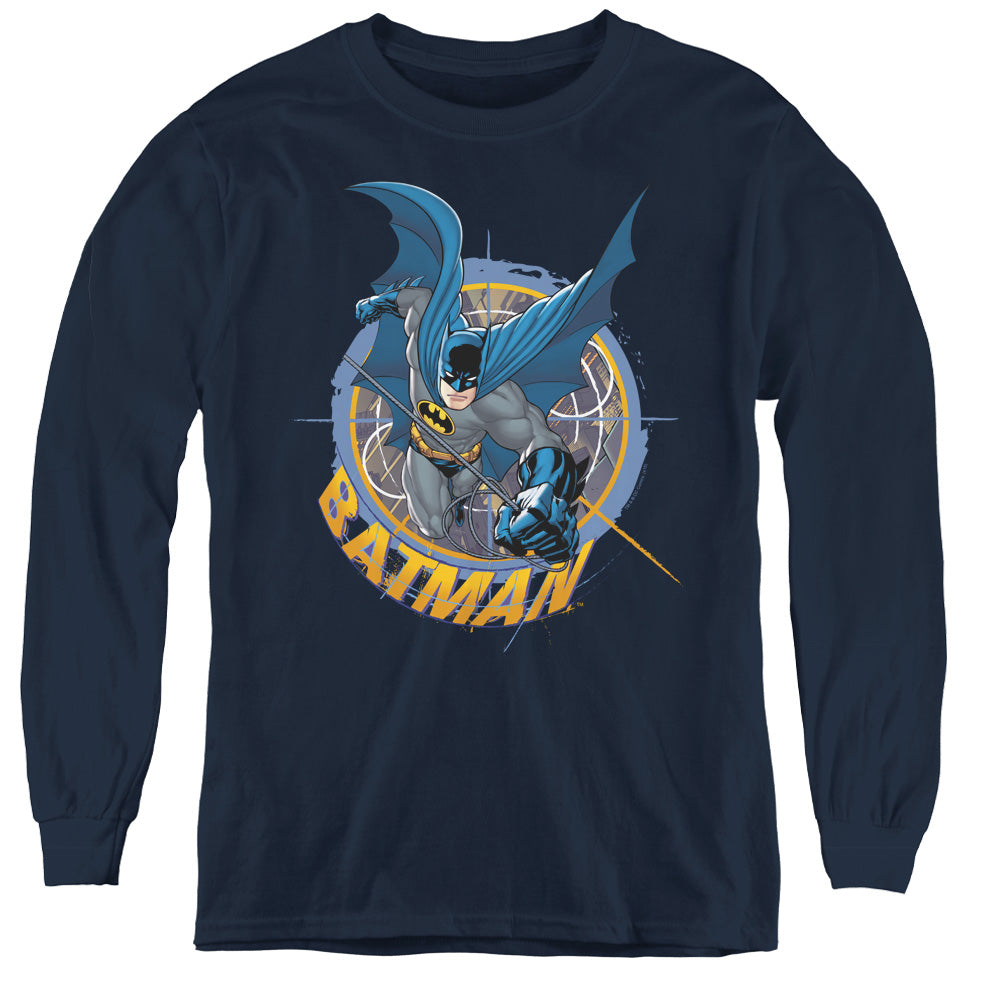 Batman In The Crosshairs Long Sleeve Kids Youth T Shirt Navy Blue