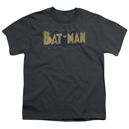 Batman Vintage Logo Splater Kids Youth T Shirt Charcoal