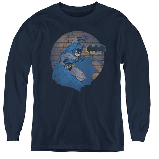 Batman In The Spotlight Long Sleeve Kids Youth T Shirt Navy Blue