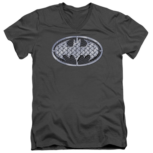 Batman Steel Mesh Shield Mens Slim Fit V Neck T Shirt Charcoal