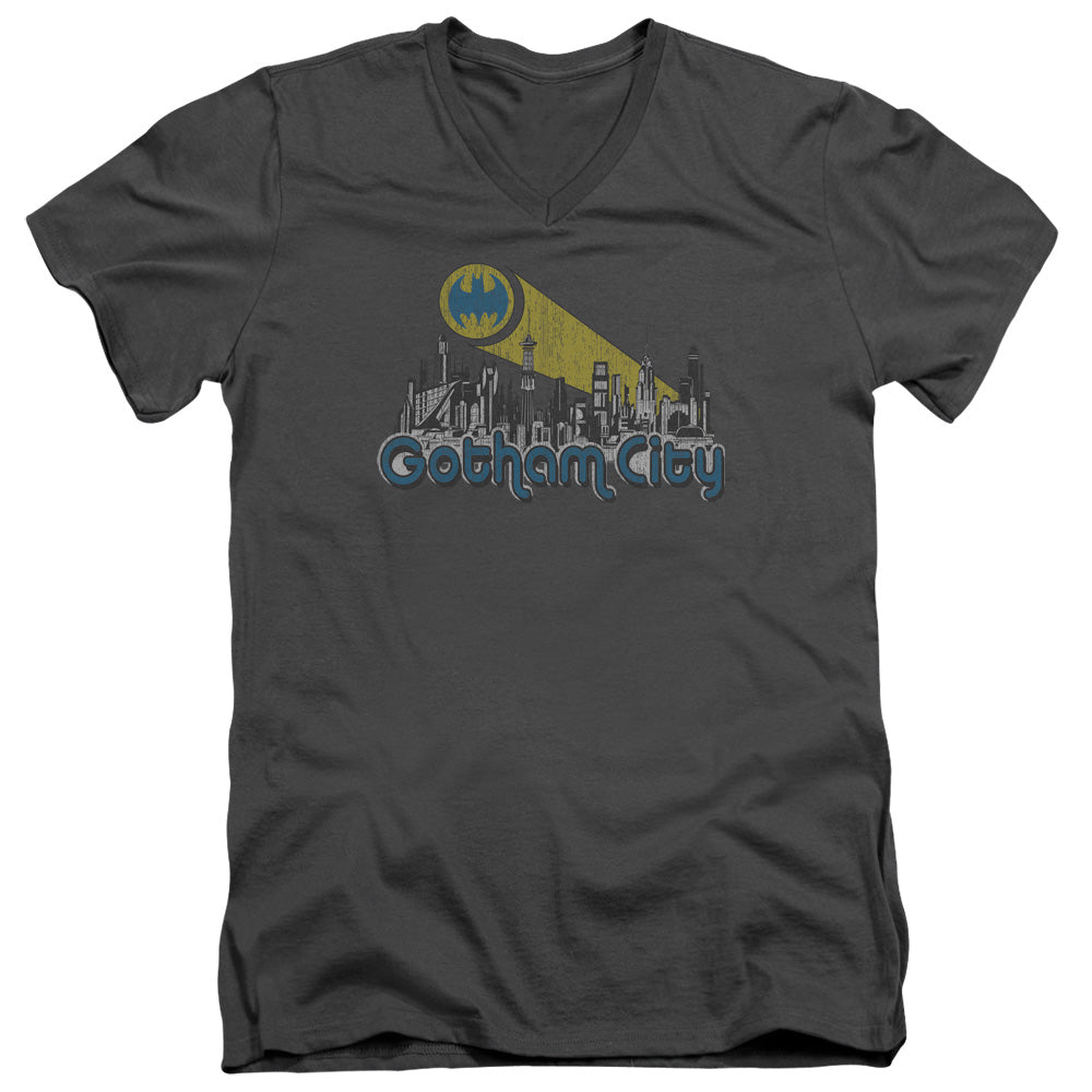 Batman Gotham City Distressed Mens Slim Fit V Neck T Shirt Charcoal
